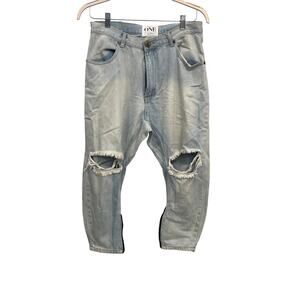 One Teaspoon Sz26 Kingpins Drop Crotch Light Wash Ripped Faux Leather Trim Jeans
